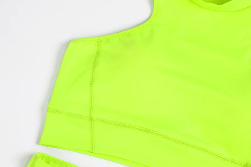 Неоновый зеленый женский спортивный костюм, одежда для фитнеса, комплект спортивной одежды, спортивный костюм для спортзала, бега, колготки, спортивная одежда, костюм для фитнеса