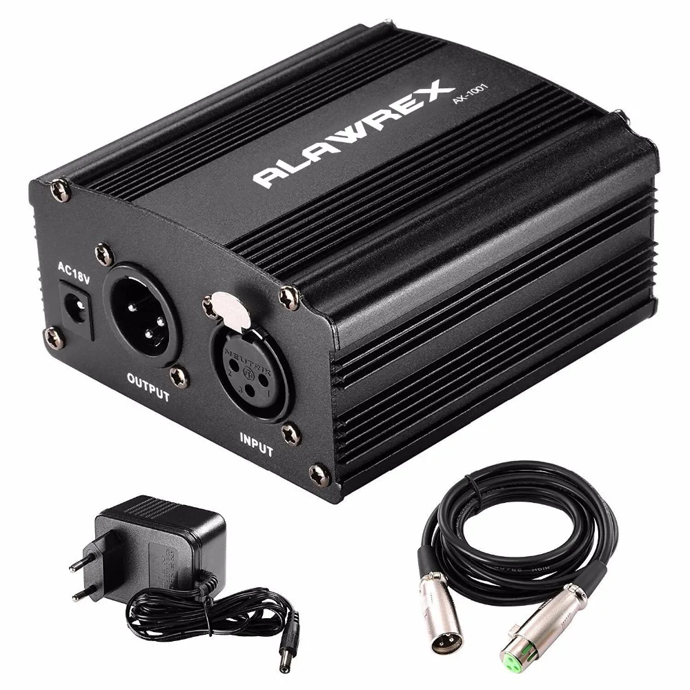ALAWREX 1 Channel 48V Phantom Power Supply Black with Adapter and One XLR Audio Cable for