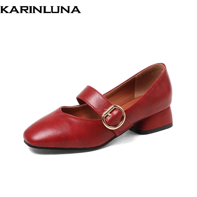 

KarinLuna New Fashion Large Size 32-43 Square Toe Buckle Strap Women Pumps Woman Brown Summer Shoes Women Chunky Heels
