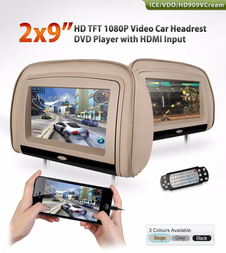Clearance 2x9" HDMI Car Pillow DVD Monitor HD 1080P Headrest Video Detachable Zip Cover Support 32 Bits Game IR FM USB TF Backseat Audio 1