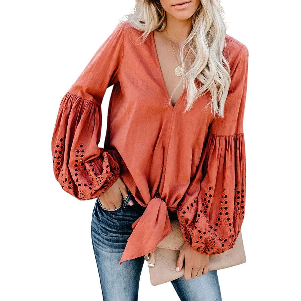 

White Yellow Rhapsody Cotton Balloon Sleeve Tie Top Long Sleeve V Neck Hollow Out hems tie spring autumn women fashion top
