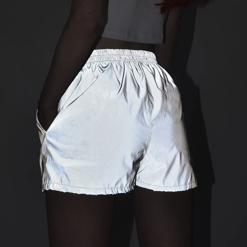 Светоотражающие шорты женские хип-хоп блестящие короткие брюки повседневные шорты сплошной цвет Mid с резинкой в талии сексуальный шорты