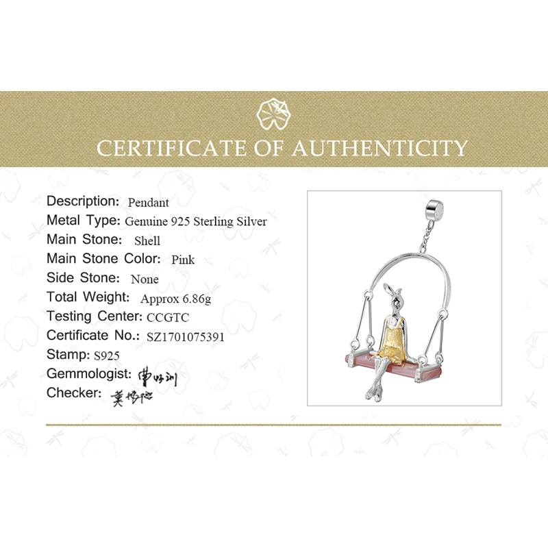 Lotus Fun Real 925 Sterling Silver Natural Mother of Pearl Handmade Fine Jewelry Miss Rabbit Pendant without Chain Acessorios