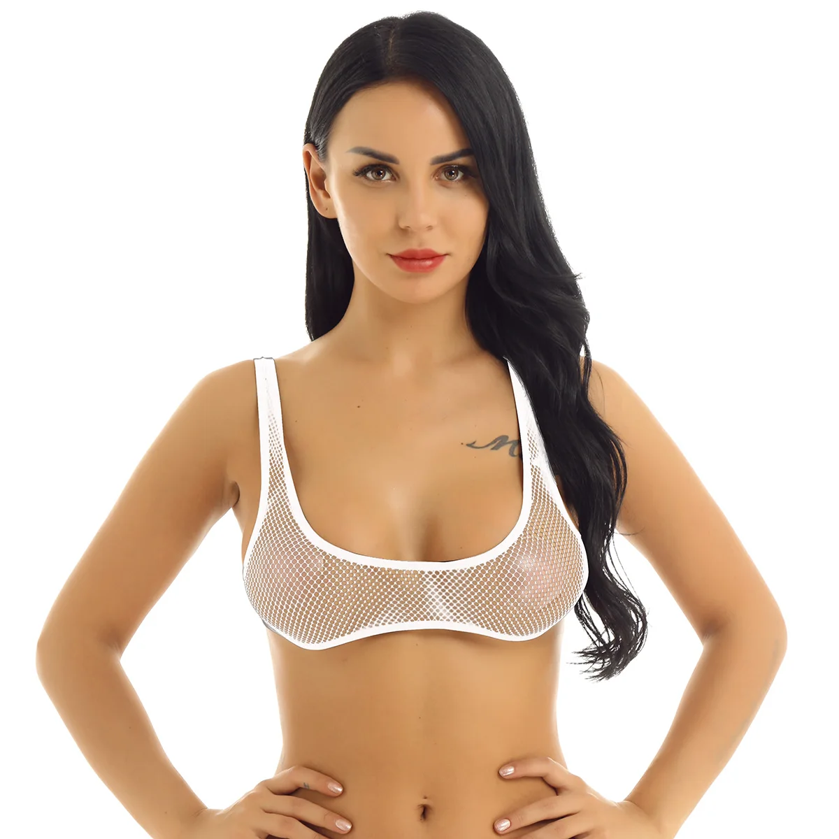inlzdz Womens Sheer Mesh Fishnet Leather Halter Backless Bra Crop Tops Bustier Clubwear