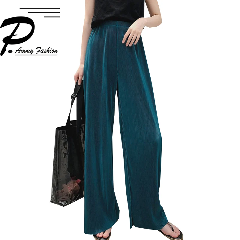 

2019 Draped pleated chiffon wide-leg pants women summer high waist loose thin slim wild holiday casual straight dragging pants