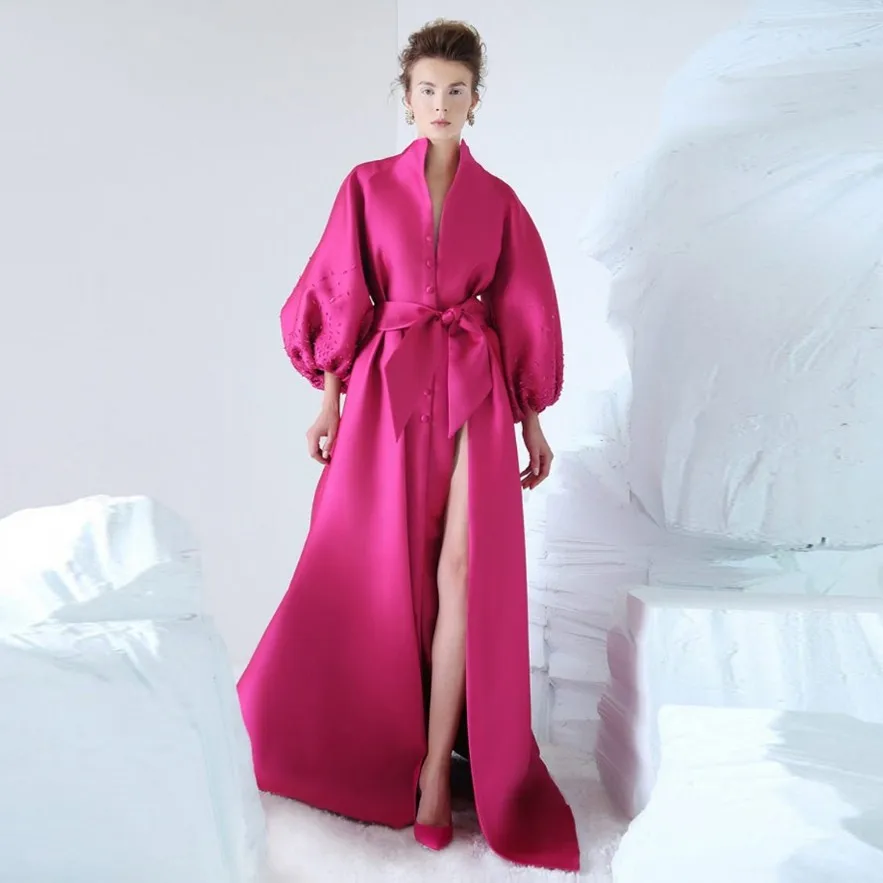 

Special Designed 2019 Spring Prom Gowns Flare Sleeves Pleated Fuchsia Formal Dresses Beading V Neck Abiye robe de soiree