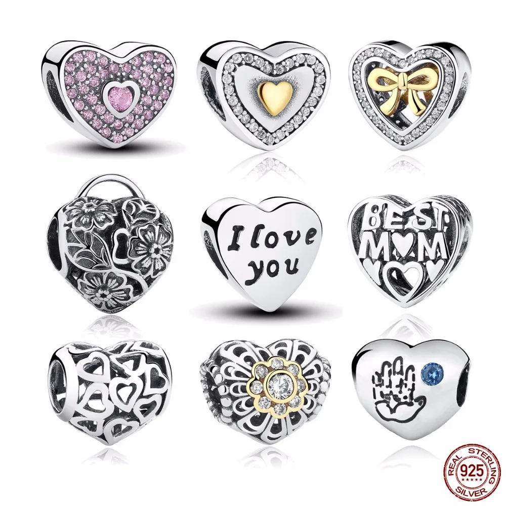 

Valentine Day Gift 925 Sterling Silver 11 Styles Love Heart Best Mom Bowknot Mother Beads Charms fit Charm Bracelet DIY Jewelry
