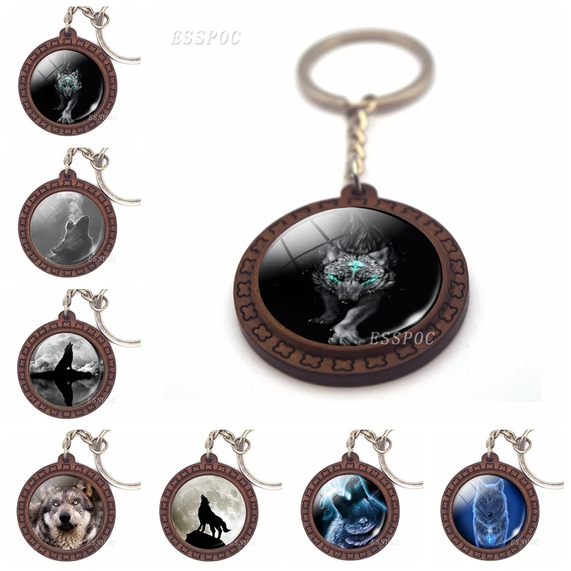 

Hot Wolf Wooden Keychain Gothic Wolf Glass Cabochon Pendant Wooden Key Chain Fashion Jewelry Christmas Gift for Men Women