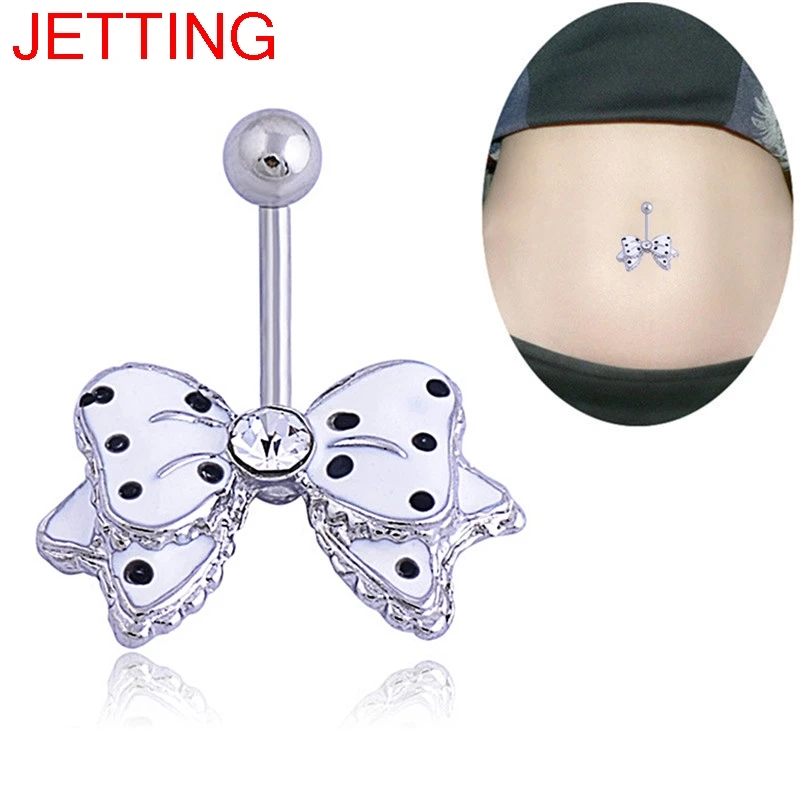 Navel Belly Button Barbell Ring Black Dot White Bowknot Crystal Body