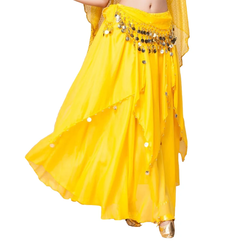 

8 Colors Solid Dancewear Women Bollywood Dance Wear Chiffon Indian Skirt Elastic Waist Long Belly Dance Coin Skirts