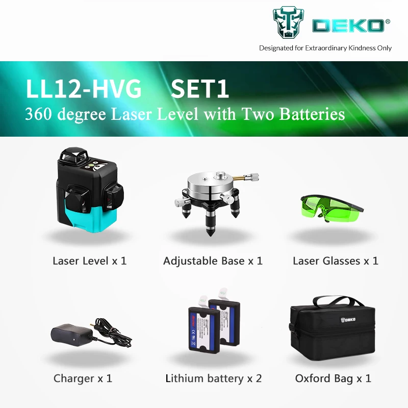 DEKO LL12-HVG 12 Lines Laser Level Self-Leveling 360 degrees Horizontal&Vertical Cross Super Powerful Laser Beam Line Green DEKO LL12-HVG 12 Lines Laser Level Self-Leveling 360 degrees Horizontal&Vertical Cross Super Powerful Laser Beam Line Green