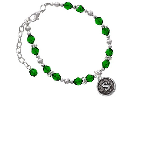 Silvertone Antiqued Round Seal - Initial - S - Green Beaded Bracelet