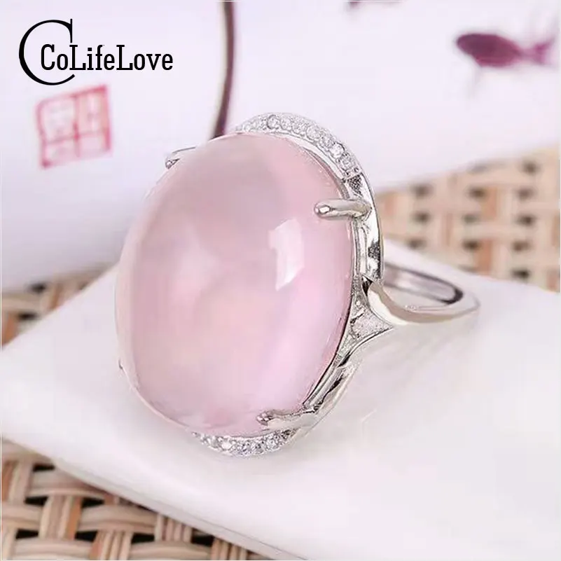 

Vintage silver rose quartz ring 15mm*20mm big size gemstone ring solid 925 sterling ring fashion silver rose quartz ring