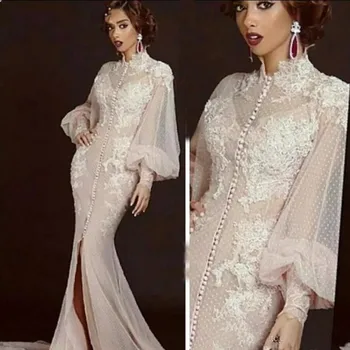 

Muslim Evening Dresses Mermaid Long Sleeves Tulle Lace Slit Formal Islamic Dubai Saudi Arabic Long Elegant Evening Gown