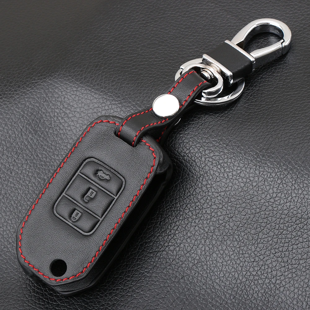3 Button Leather Car Key Fob Pocket Cover Case For Honda Civic CR V HR