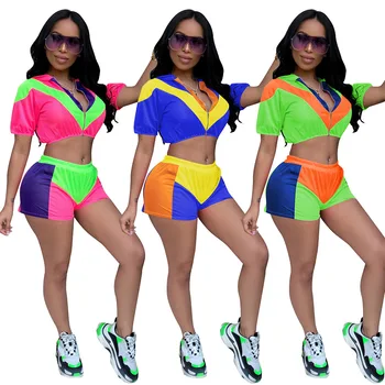 

Spring Summer Women Two Piece Set Top and Pants Plus Size Outfits Tracksuit Sweatsuit Outfit Mesh Patchwork Color Active Sets