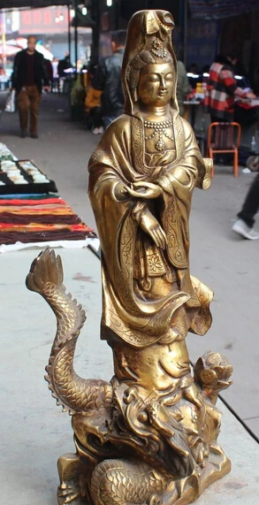 

22" Royal Chinese Bronze Gilt Dragon Kwan-Yin Quan Yin Guan Yin Goddess Statue 0709