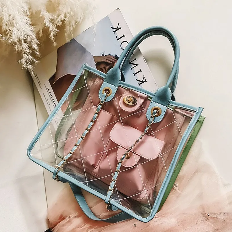 

Celebrity 2019 Luxury Women Shoulder Handbags Pvc Clear Jelly Bag Brand Blue Green Ladies Totes Shopper Summer Travel Purses New
