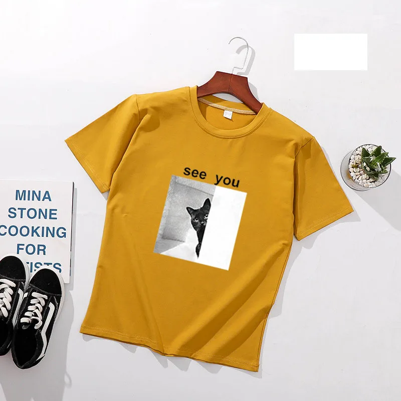 

SEE YOU Print Women T shirts Spring Summer Short Sleeve O Neck Cotton Spandex Women Tops Tees Slim Fit Women T-shirts