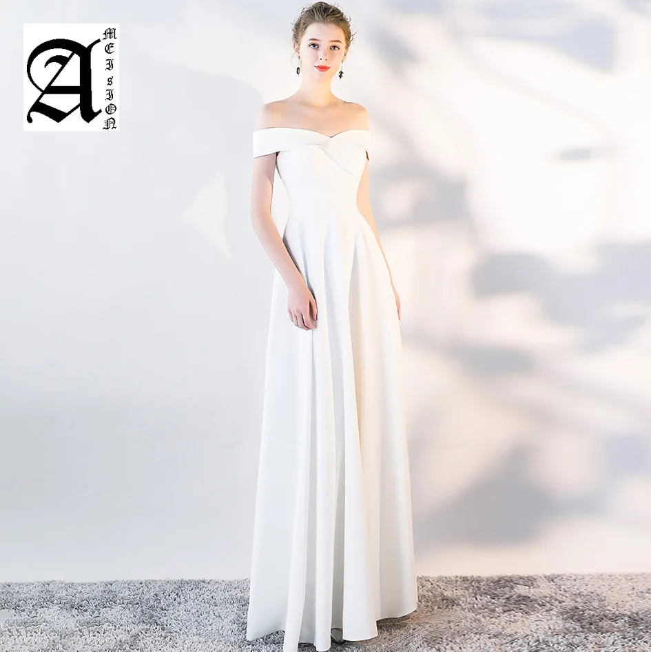 

New Simple Satin Boat Neck Evening Dress Fashion Slim Off The Shoulder Long A Line Party Evening Dress Robe De Soiree L