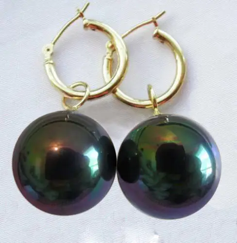 

Big 14mm round Black bright seashell pearl dangle earring 5F6D4G