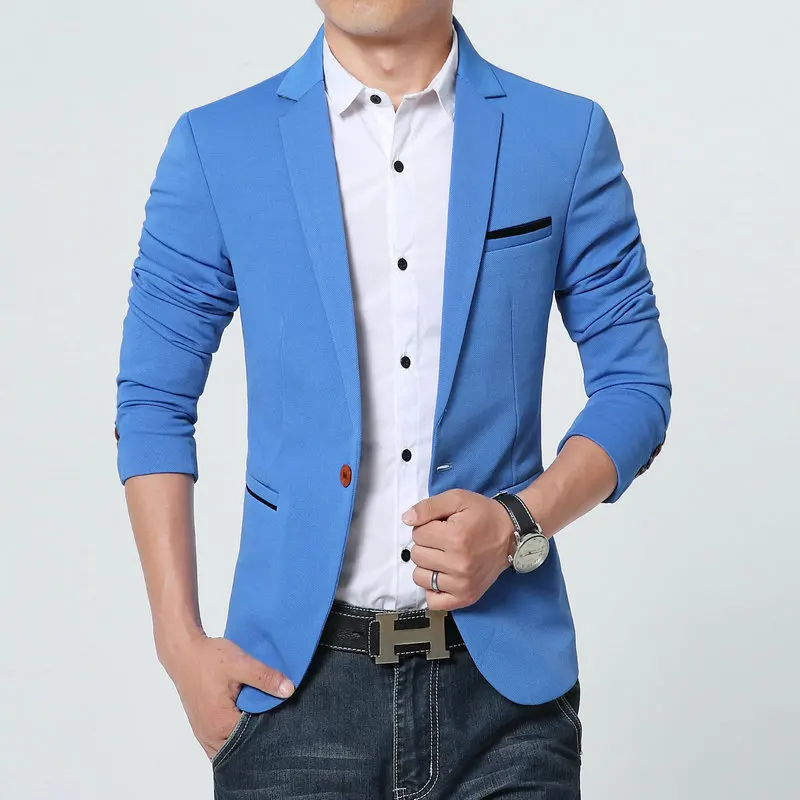 5XL Мужской Блейзер пиджак деловой мужской пиджак в повседневном стиле хлопок тонкий Английский костюм Blaser Masculino мужской пиджак блейзер для мужчин - Цвет: Sky  Blue