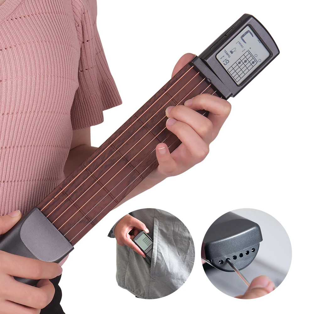 

6-String Pocket Guitar Chord Trainer Folk Guitar Practice Tool Gadget 6 Frets with Rotatable Chords Chart Screen for Beginners