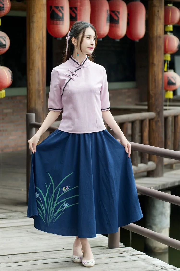 KYQIAO/ г. Женская Весенняя винтажная элегантная блуза с воротником «Мандарин», плотная блузка рубашка F Топы традиционная китайская одежда