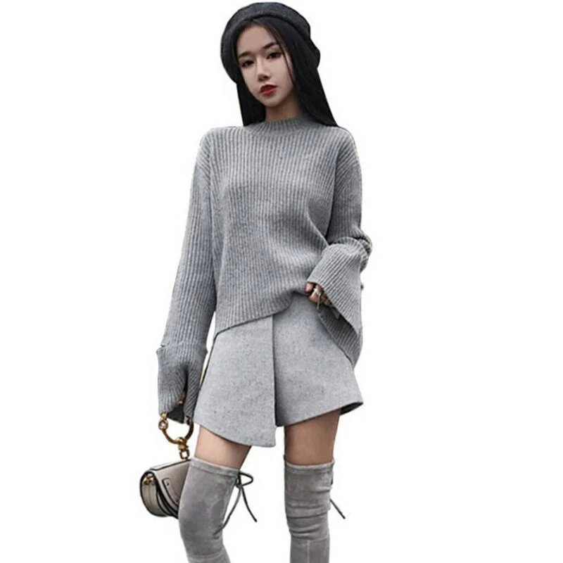 2018 AUTUMN Winter 2 Pieces Sweater Dress Set Women Long Sleeve Office Wear Casual Gray Pullover Knitted Dresses Clothing Suit