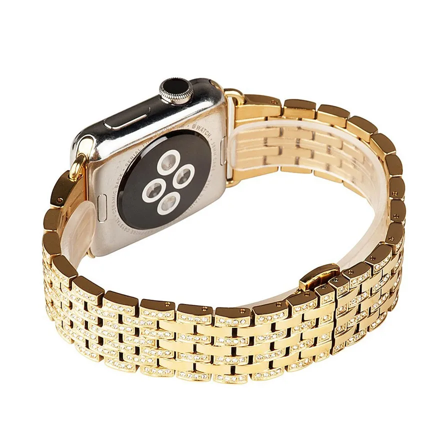 Золотистый металл со стразами ремешок для Apple Watch Series 1 2 3 Нержавеющая сталь Смарт Браслет для iWatch 38 мм 42 мм