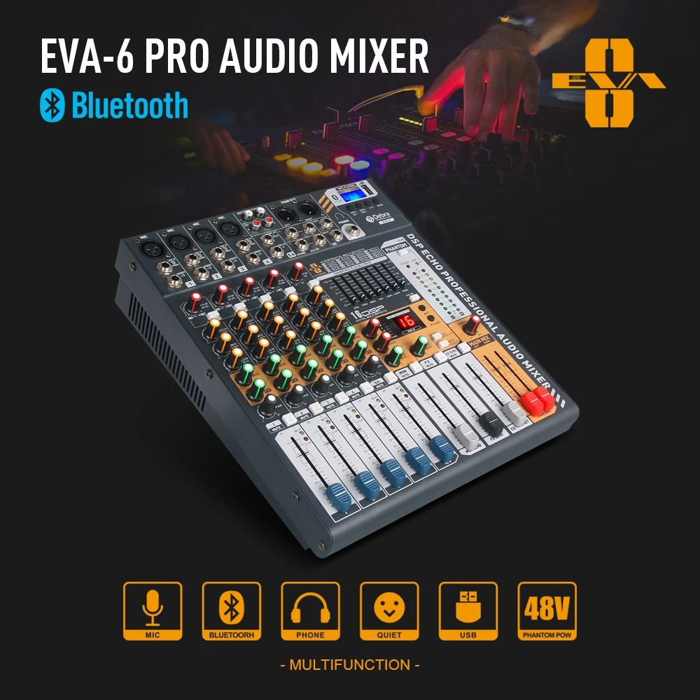 Дебра аудио EVA-6 6 каналов аудио MixerDJ& Студия консольный микшер Системы встроенного модуля Bluetooth Беспроводной приемник