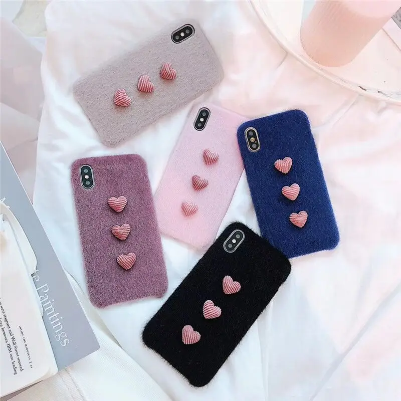 

Winter Warm Hairy Fur Fluffy cute Love Heart 3d Phone Case for iPhone 6 s 7 8 plus X S MAX R plush soft phone cover