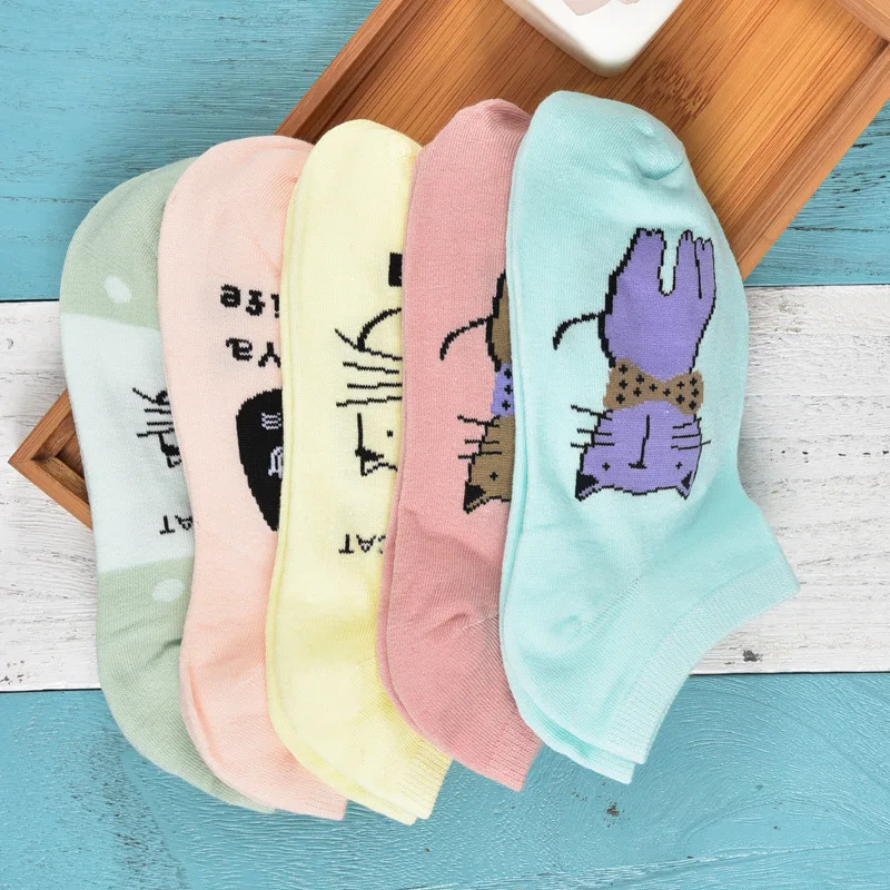 5Pairs/Lot Harajuku Candy Cat Socks Cute Animal Print Women Socks Summer  New Funny Short Ankle Socks Ladies Cotton Sock Slippers - AliExpress