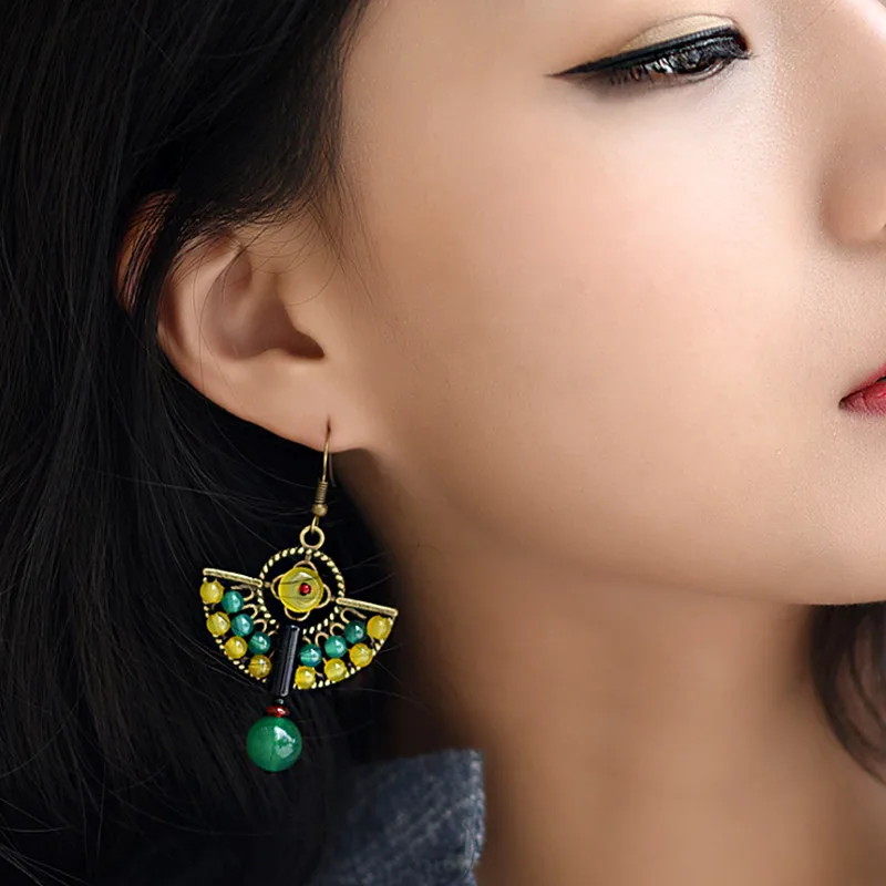 Yanting Ethnic Earrings Natural Colorful Stone Earings Fashion Jewelry Vintage Peacock Feather Handmade Earrings For Women 005 (8)