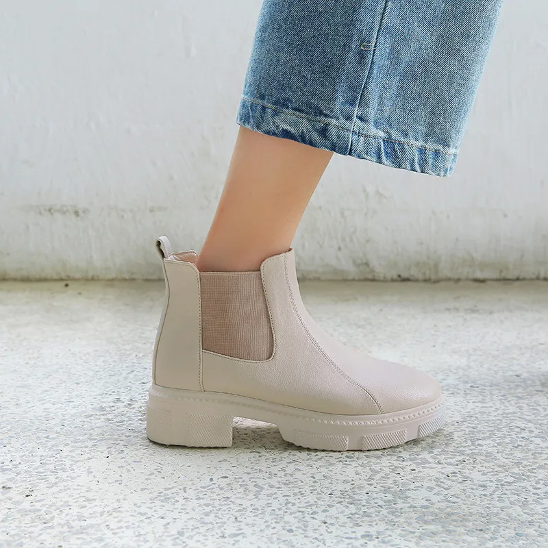 

YMECHIC 2019 Spring Autumn Womens Chelsea Ankle Boots Slip on Booties Woman Footwear Flock Platform Creeper Shoes Chunky Heels