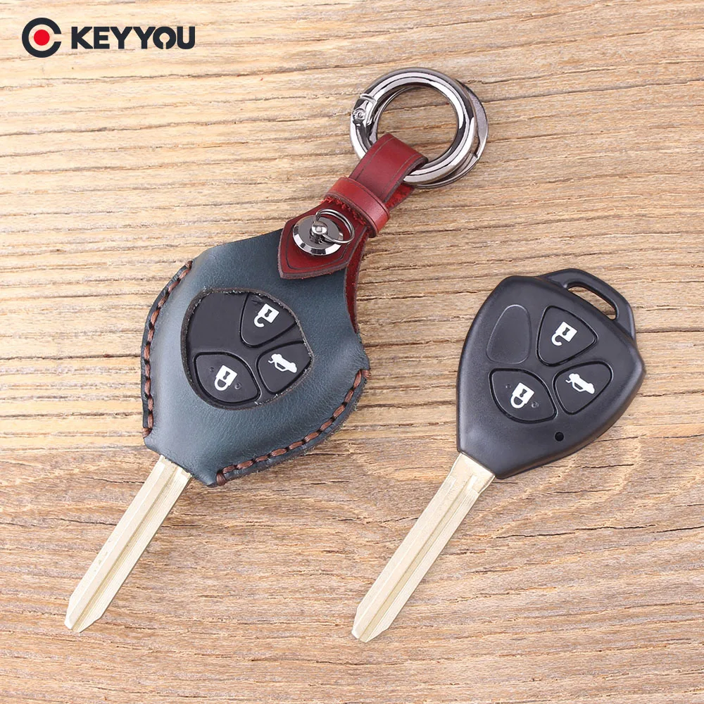 

KEYYOU Genuine Leather Key Cover For Toyota Camry Corolla Prado RAV4 Vios Hilux Yaris 3 Buttons Vehicle Car Key Case