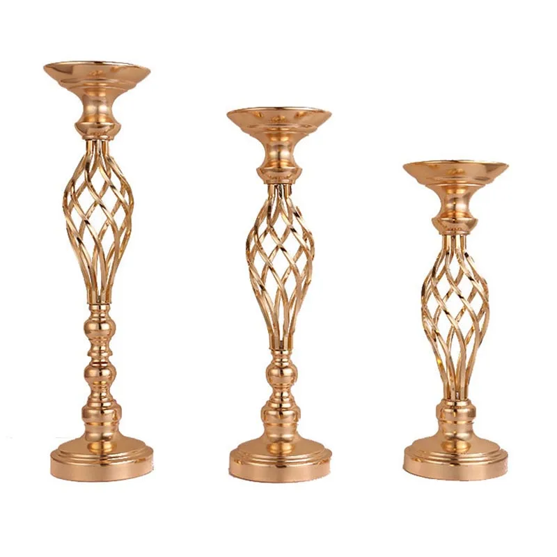 

Gold Flower Vases Candle Holders Stand Wedding Decoration Road Lead Table Centerpiece Rack Pillar Party Candlestick Candelabra