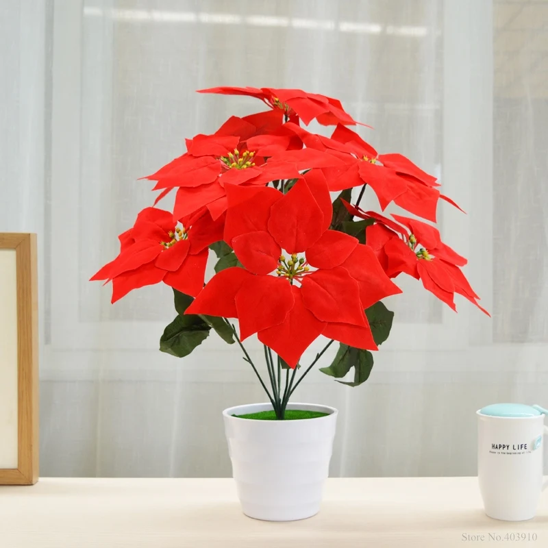 Красный лист эмуляция бонсай 1 букет Poinsettia Posy Декоративные Искусственные Рождественские цветы искусственный горшок растения домашний Декор без горшка