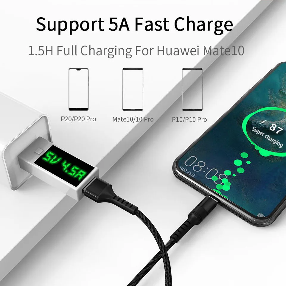 Супер зарядка 5А Usb кабель Быстрая зарядка Usb type-c кабель для huawei Honor 20 10 P20 P10 Pro mate 10 mate 9 Pro Usbc кабель 1 м