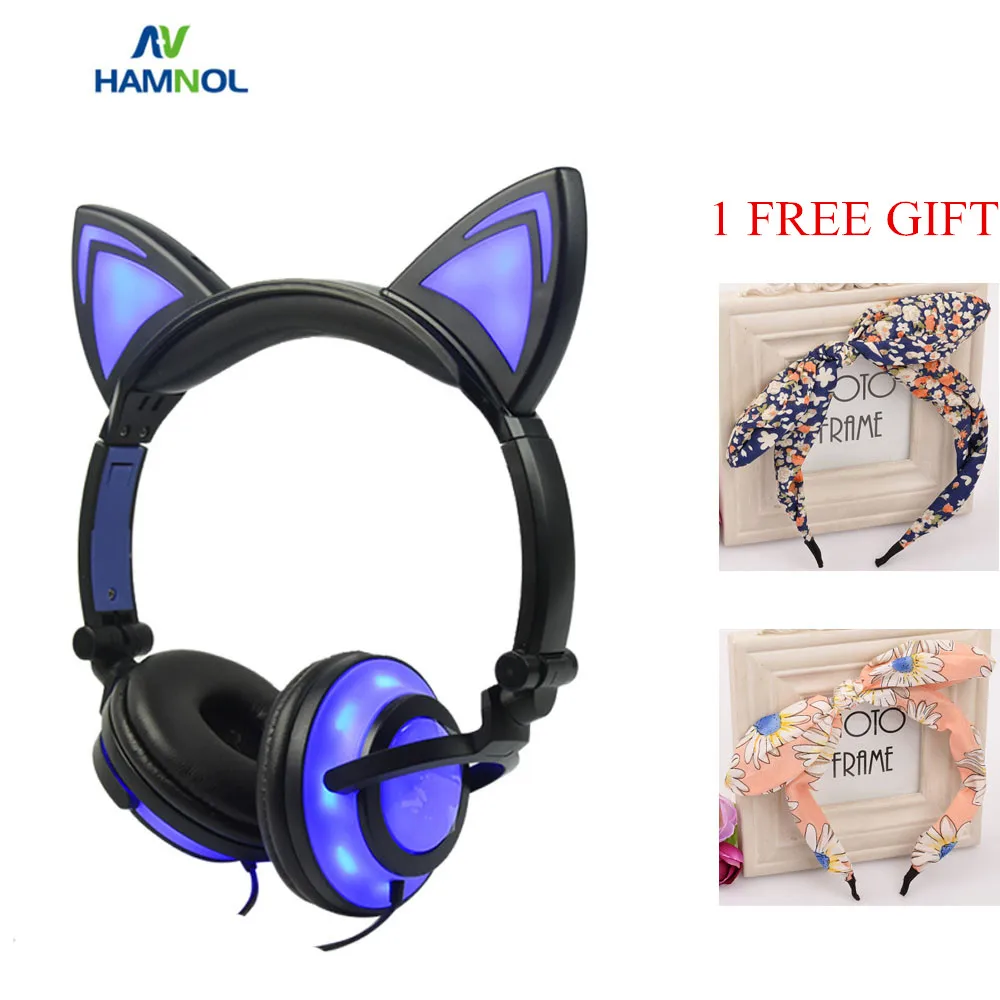 HAMNOL Glowing Light Cat Ear Gaming Headphones Stereo Cat Earphones 3.5mm Wired Gamer Headset