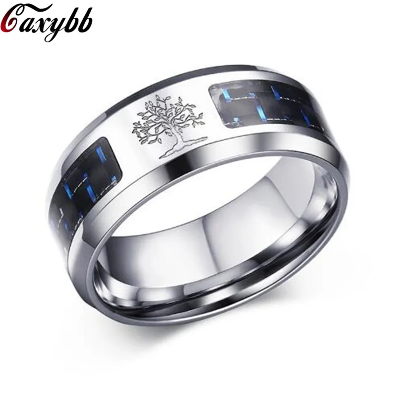 

8mm Carbon Fiber Ring For Man Engraved Tree Of Life Stainless Steel Male Alliance Casual Customize Jewelry Personalize Band