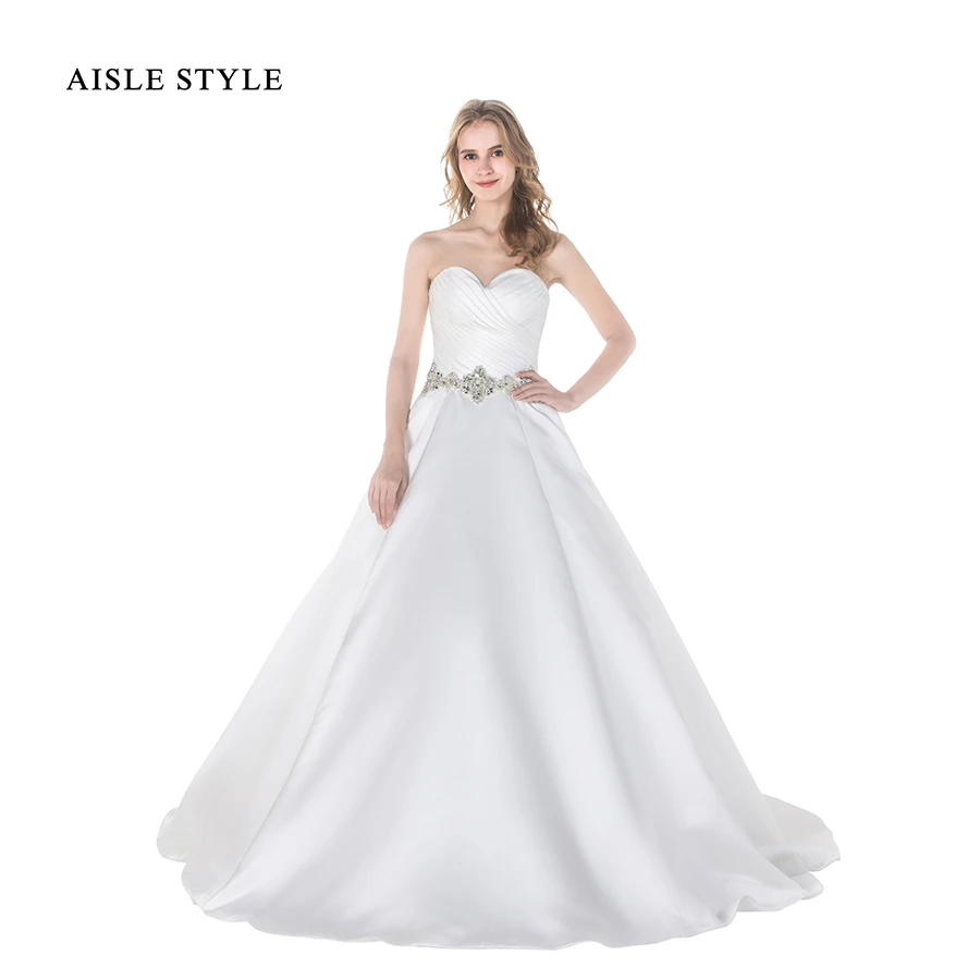 Modern Wedding Dresses 2017 Slim Cut A-line White Satin Puffy Gown Sweetheart Neckline With Beaded Belt for Classy Bride | Свадьбы и