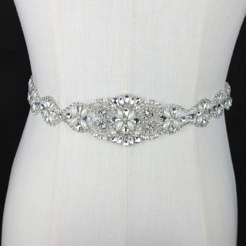 Silver Bridal Sash Ribbon Belt Rhinestone Pearls Wedding Belts Wedding Dress Evening Dress Accessory Fashion headband Decoration bridal waistband bridal dress decoration
