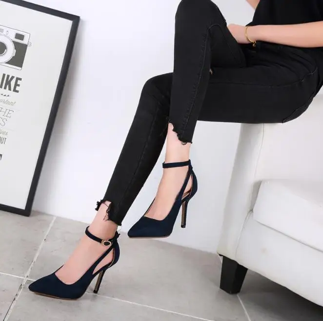 

2019 spring and summer Europe and the new suede black word with stiletto pointed high heels hollow buckle single shoes women's s