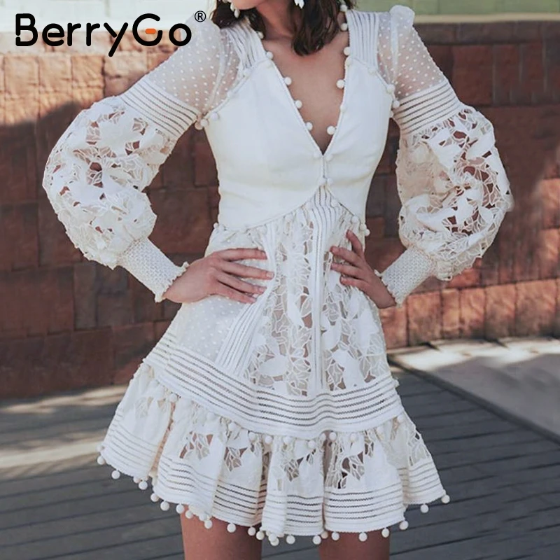 

BerryGo Vintage lace embroidery women dress V-neck hollow out lantern sleeve winter dresses High waist ladies party vestidos