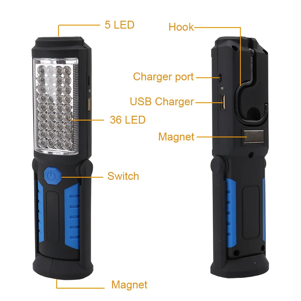 USB Перезаряжаемый светодиодный светильник фонарь рабочий светильник подставка 36+ 5 светодиодный портативный фонарь вспышка светильник s для наружного использования с магнитным крюком