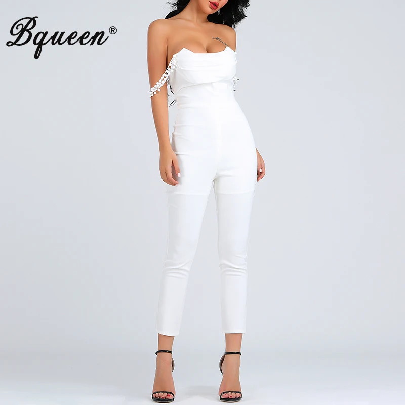 

Bqueen 2019 New Sexy Off Shoulder V Neck Backless Small Cotton Ball Jumpsuit Summer Outfit Runway Skinny Pants