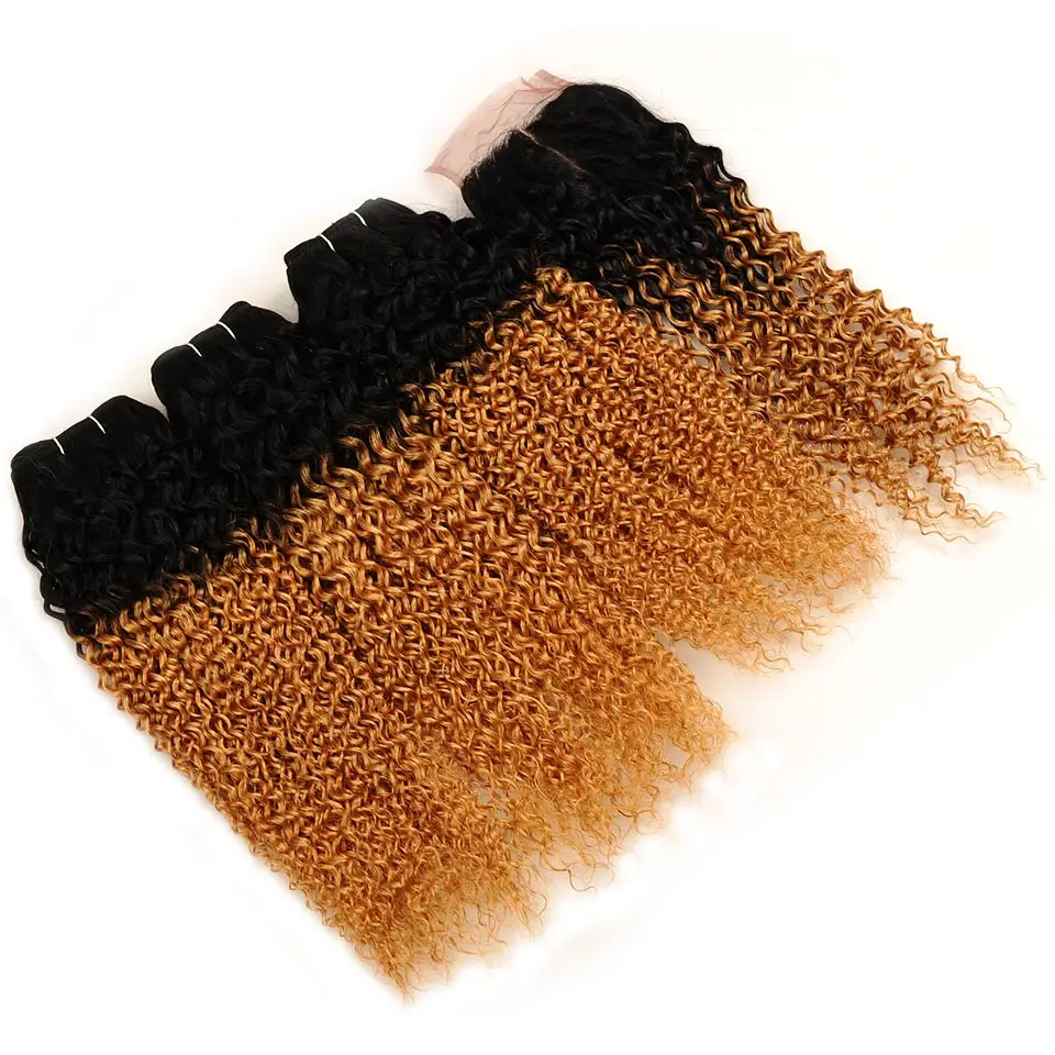 Pinshair Ombre Brazilian Curly Weave Human Hair Bundles With Lace Closure Blonde 1B 27 Jerry Curl 3 Bundle With Closure Non Remy (9)
