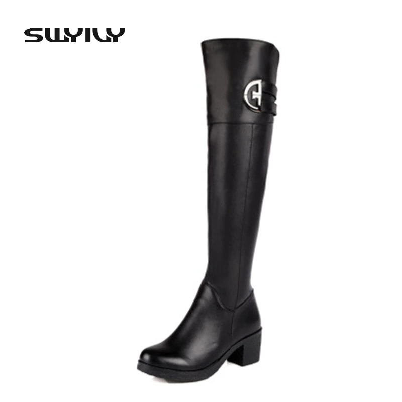 Thick Cashmere Flocking Leather Boots Cowhide Over The Knee High Snow Boots Side Zipper 2017 New Winter Shoes Women Black