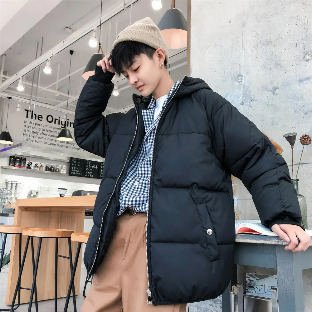 

New trend line of detachable collar Down jacket men hooded fashion solid color hooded loose thick warm men's winter clothing